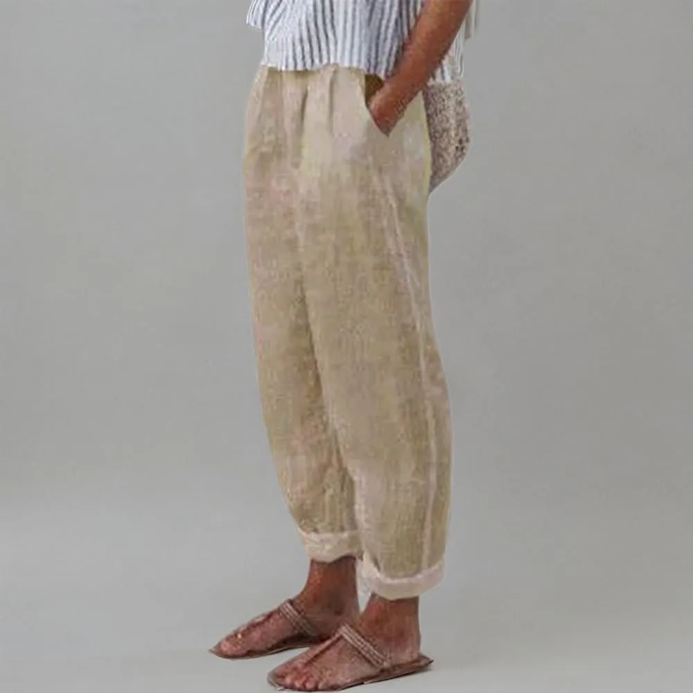 TIAFORD Women's Cotton Linen Floral Printed Pants Casual Elastic Waist Crop Trousers with Pockets