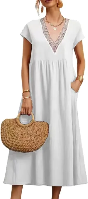 TIAFORD Women's Half Sleeve V Neck Lace Trim Hem Cotton Linen Maxi Dresses Summer Loose Beach Dress for Women with Pockets