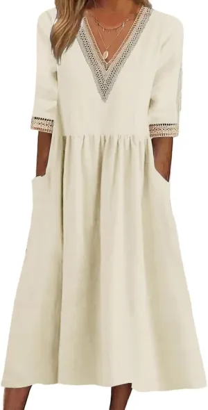 TIAFORD Women's Half Sleeve V Neck Lace Trim Hem Cotton Linen Maxi Dresses Summer Loose Beach Dress for Women with Pockets