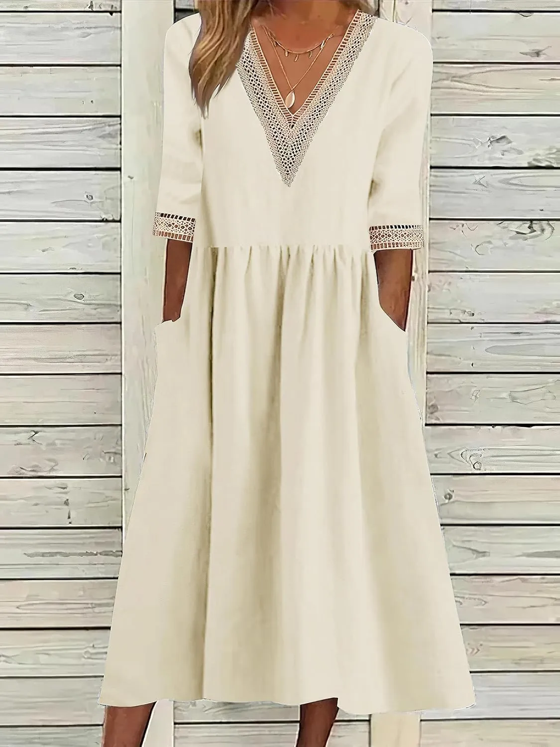 TIAFORD Women's Half Sleeve V Neck Lace Trim Hem Cotton Linen Maxi Dresses Summer Loose Beach Dress for Women with Pockets