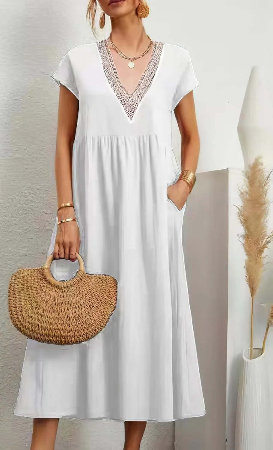 TIAFORD Women's Half Sleeve V Neck Lace Trim Hem Cotton Linen Maxi Dresses Summer Loose Beach Dress for Women with Pockets