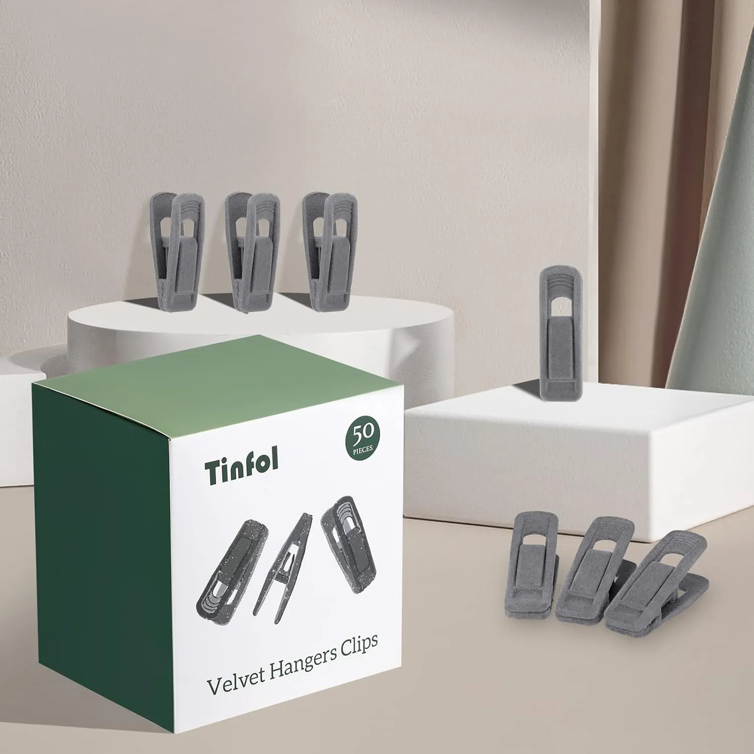 Tinfol Velvet Hanger Clips, 50Pack Gray Pants Velvet Clips, Clothes Hanger Clip, Large Opening Clothes Pin Strong Finger Flocked Clips Perfect for Use with Slim-line Clothes Velvet Hangers