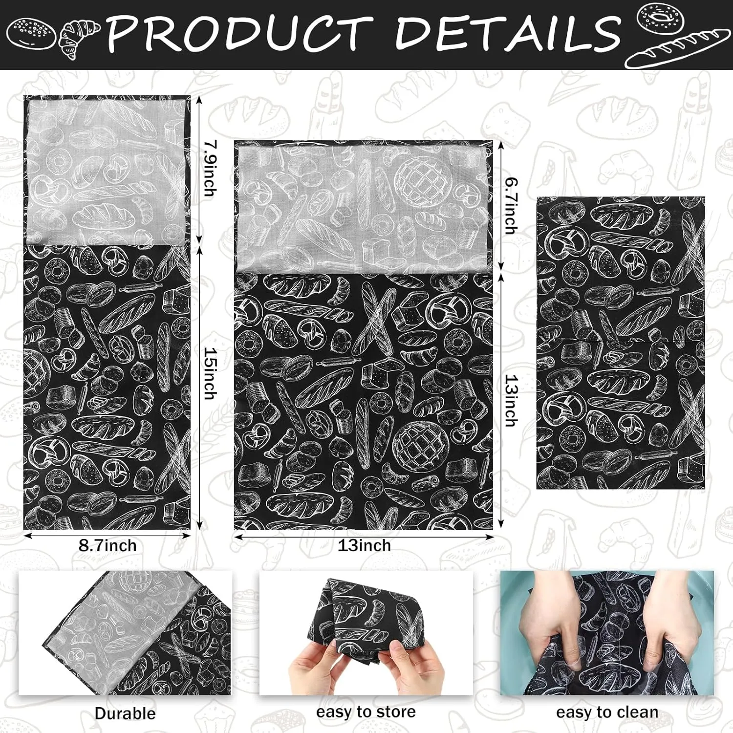 Tioncy 2 Sizes Beeswax Bread Bags for Sourdough Homemade Reusable Bread Bags Linen Storage Bag with Improved Beeswax Coating Food Wraps for Loaf Fresh Freezer Mother's Day Baker Gift(Black)