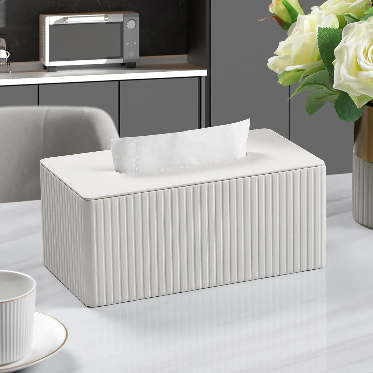 Tissue Box Cover Stylish PU Leather Rectangular Tissue Box Holder with Magnetic Bottom Cover for Bathroom Bedroom or Office (Ivory)