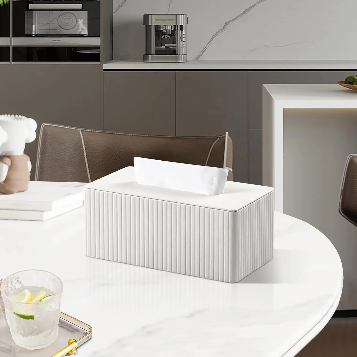 Tissue Box Cover Stylish PU Leather Rectangular Tissue Box Holder with Magnetic Bottom Cover for Bathroom Bedroom or Office (Ivory)