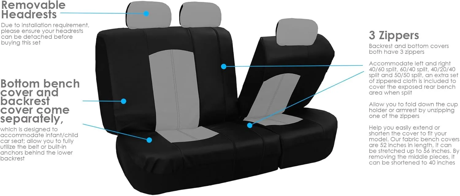 TLH Automotive Car Seat Covers PU Leather Rome Seat Covers Full Set Gray Seat Covers Airbag Compatible Split Rear Car Seat Cover Universal Fit Interior Accessories for Cars, Auto, Trucks, SUV