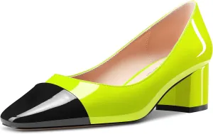 TNYNFBEB Women Chunky Block Mid Heel Close Square Toe Pumps Slip-on Patchwork Wedding Party Basic Classic 2.0 Inches Heels