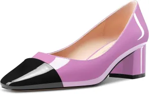 TNYNFBEB Women Chunky Block Mid Heel Close Square Toe Pumps Slip-on Patchwork Wedding Party Basic Classic 2.0 Inches Heels