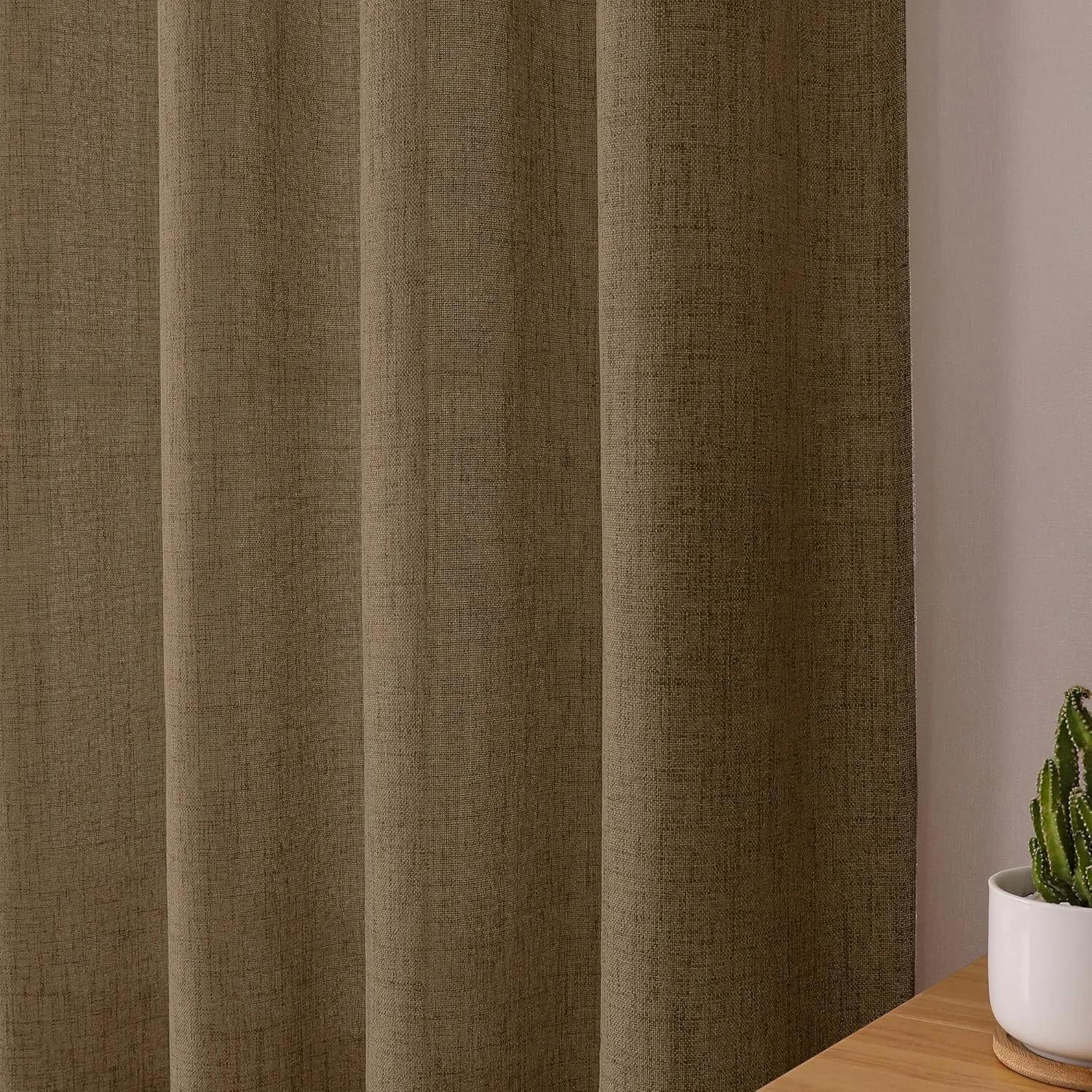 Tollpiz Short Linen Curtains Bedroom Rod Pocket Semi Sheer Curtain Burlap Light Filtering Thick Linen Drapes for Living Room, 38 x 45 inches Long, Brown, Set of 2 Panels
