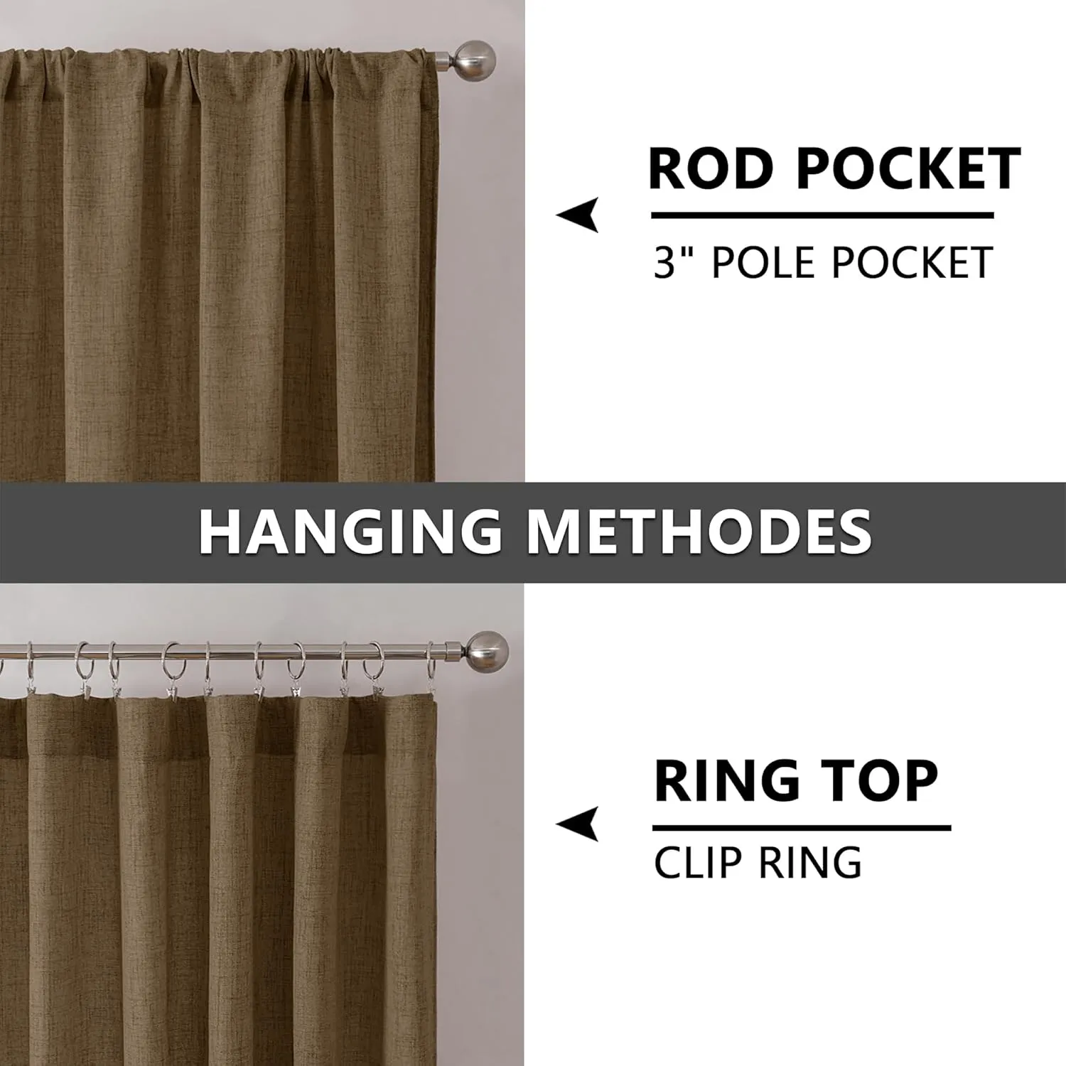 Tollpiz Short Linen Curtains Bedroom Rod Pocket Semi Sheer Curtain Burlap Light Filtering Thick Linen Drapes for Living Room, 38 x 45 inches Long, Brown, Set of 2 Panels