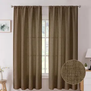 Tollpiz Short Linen Curtains Bedroom Rod Pocket Semi Sheer Curtain Burlap Light Filtering Thick Linen Drapes for Living Room, 38 x 45 inches Long, Brown, Set of 2 Panels
