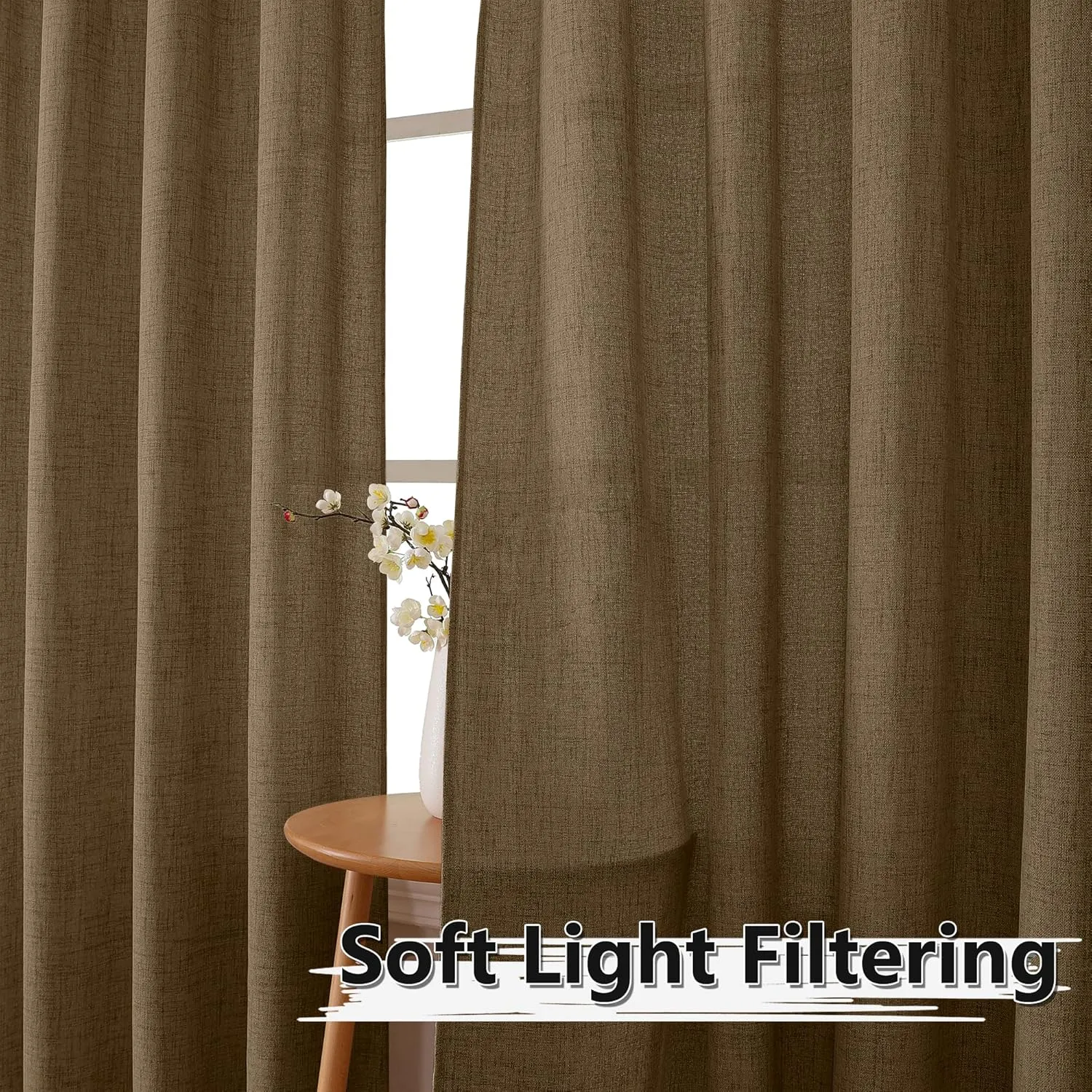 Tollpiz Short Linen Curtains Bedroom Rod Pocket Semi Sheer Curtain Burlap Light Filtering Thick Linen Drapes for Living Room, 38 x 45 inches Long, Brown, Set of 2 Panels