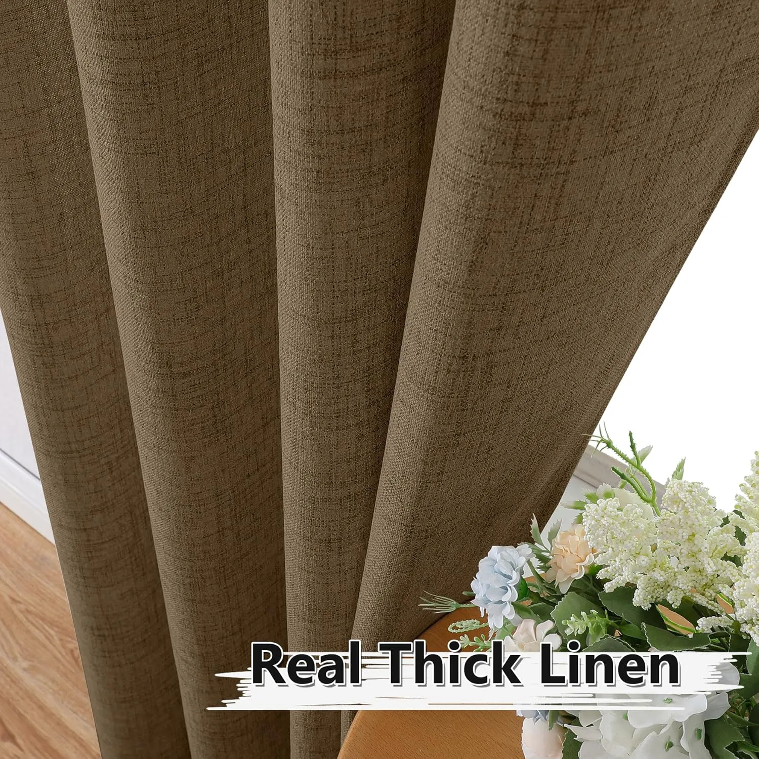 Tollpiz Short Linen Curtains Bedroom Rod Pocket Semi Sheer Curtain Burlap Light Filtering Thick Linen Drapes for Living Room, 38 x 45 inches Long, Brown, Set of 2 Panels