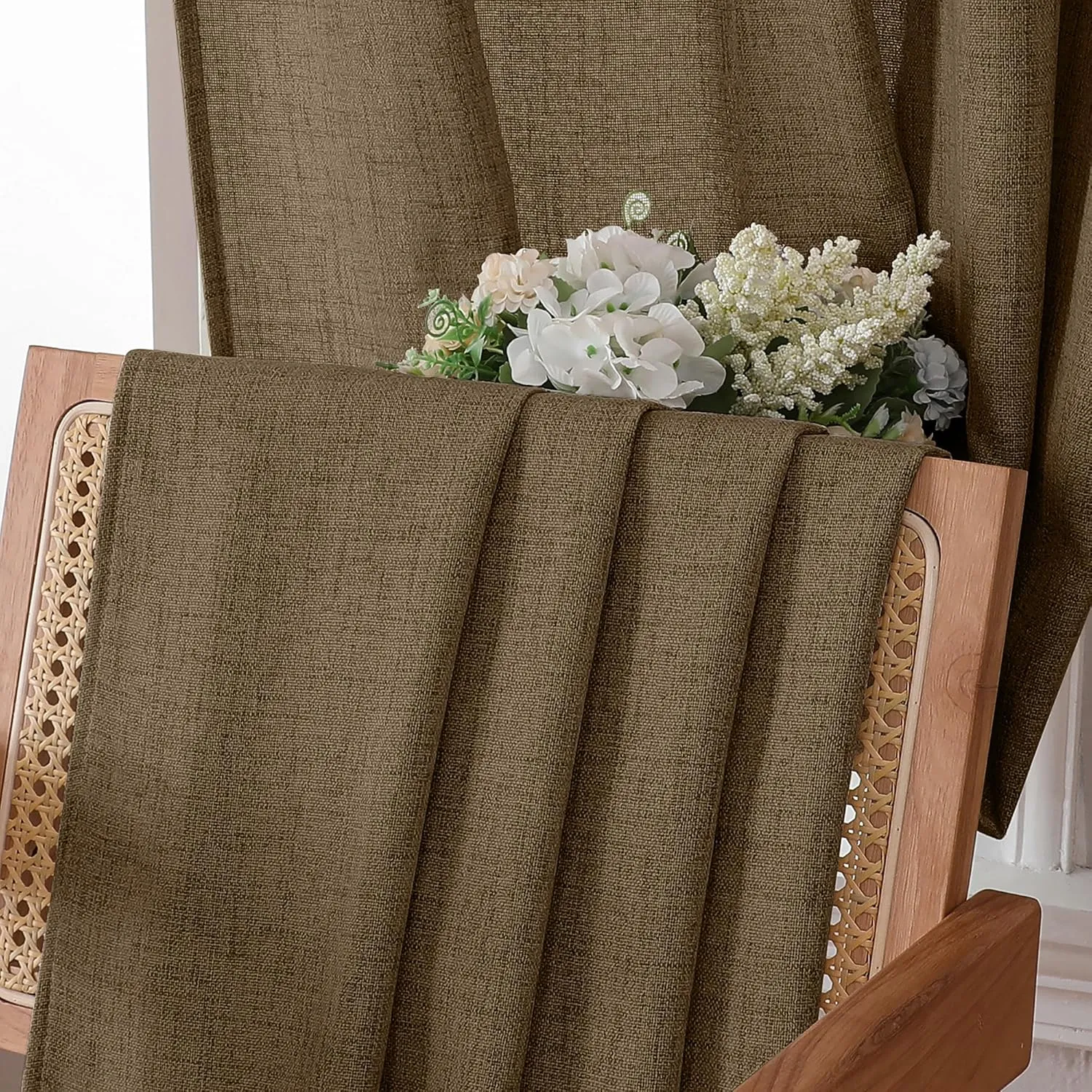 Tollpiz Short Linen Curtains Bedroom Rod Pocket Semi Sheer Curtain Burlap Light Filtering Thick Linen Drapes for Living Room, 38 x 45 inches Long, Brown, Set of 2 Panels