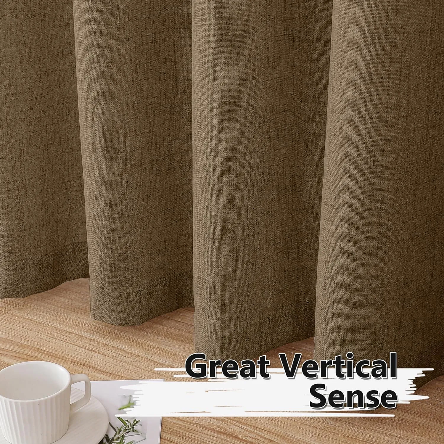 Tollpiz Short Linen Curtains Bedroom Rod Pocket Semi Sheer Curtain Burlap Light Filtering Thick Linen Drapes for Living Room, 38 x 45 inches Long, Brown, Set of 2 Panels
