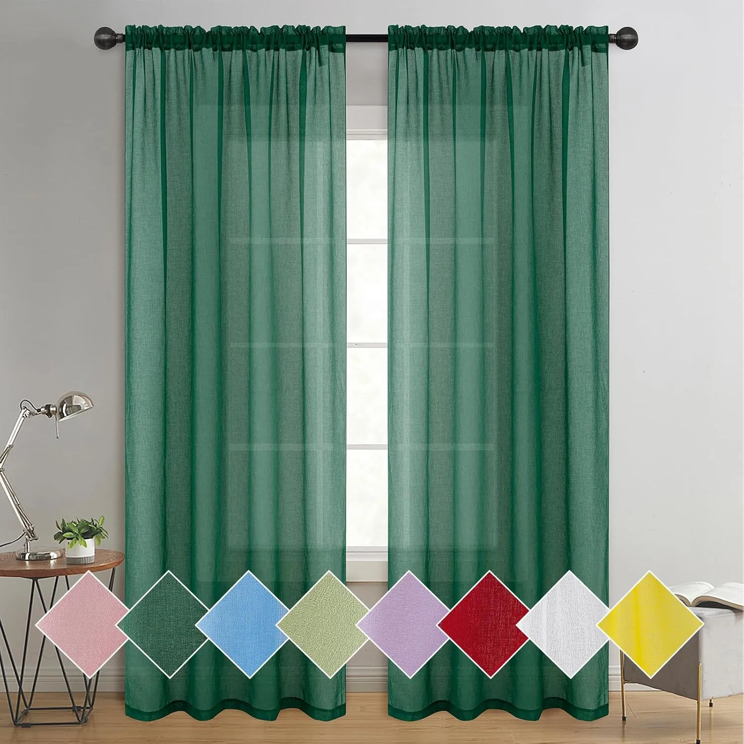 Tony's collection Christmas Hunter Green Sheer Curtains, Linen Textured Sheer Curtains Rod Pocket Window Treatment for Living Room/Bedroom/Dinning Room(52x84 inch, Hunter Green, 2 Panels)