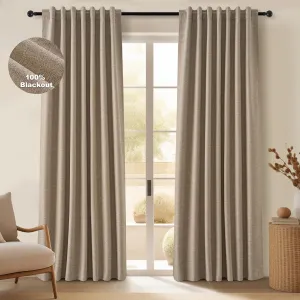 Topfinel 100 Inch Long Black Out Burlap Custom Curtains, Taupe Greige Tweed Pleated Window Coverings, Nursery Winter Boho Farmhouse Heat Sound Block Back Tab Curtains for Sliding Door Bay Window