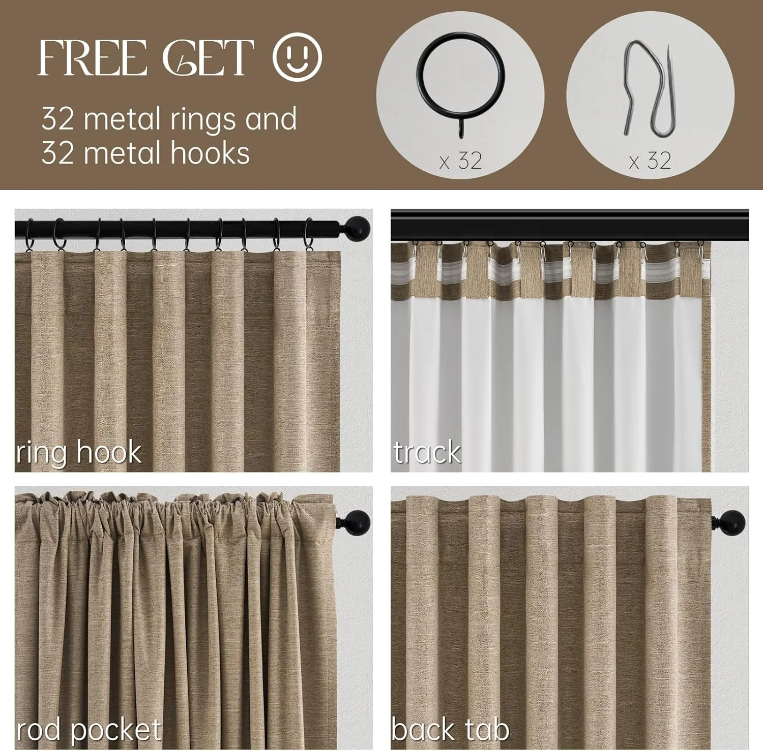 Topfinel 100 Inch Long Black Out Burlap Custom Curtains, Taupe Greige Tweed Pleated Window Coverings, Nursery Winter Boho Farmhouse Heat Sound Block Back Tab Curtains for Sliding Door Bay Window