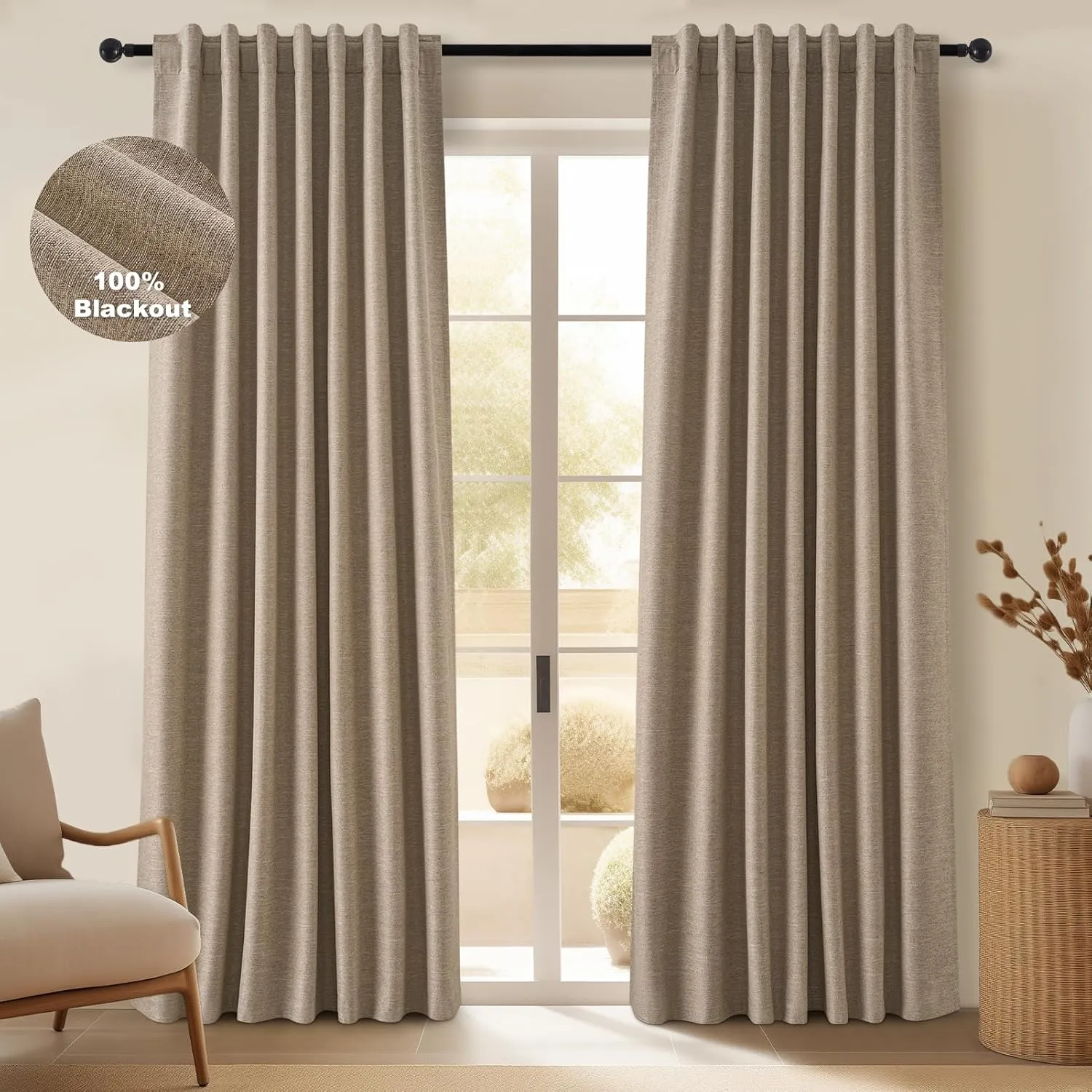 Topfinel 100 Inch Long Black Out Burlap Custom Curtains, Taupe Greige Tweed Pleated Window Coverings, Nursery Winter Boho Farmhouse Heat Sound Block Back Tab Curtains for Sliding Door Bay Window