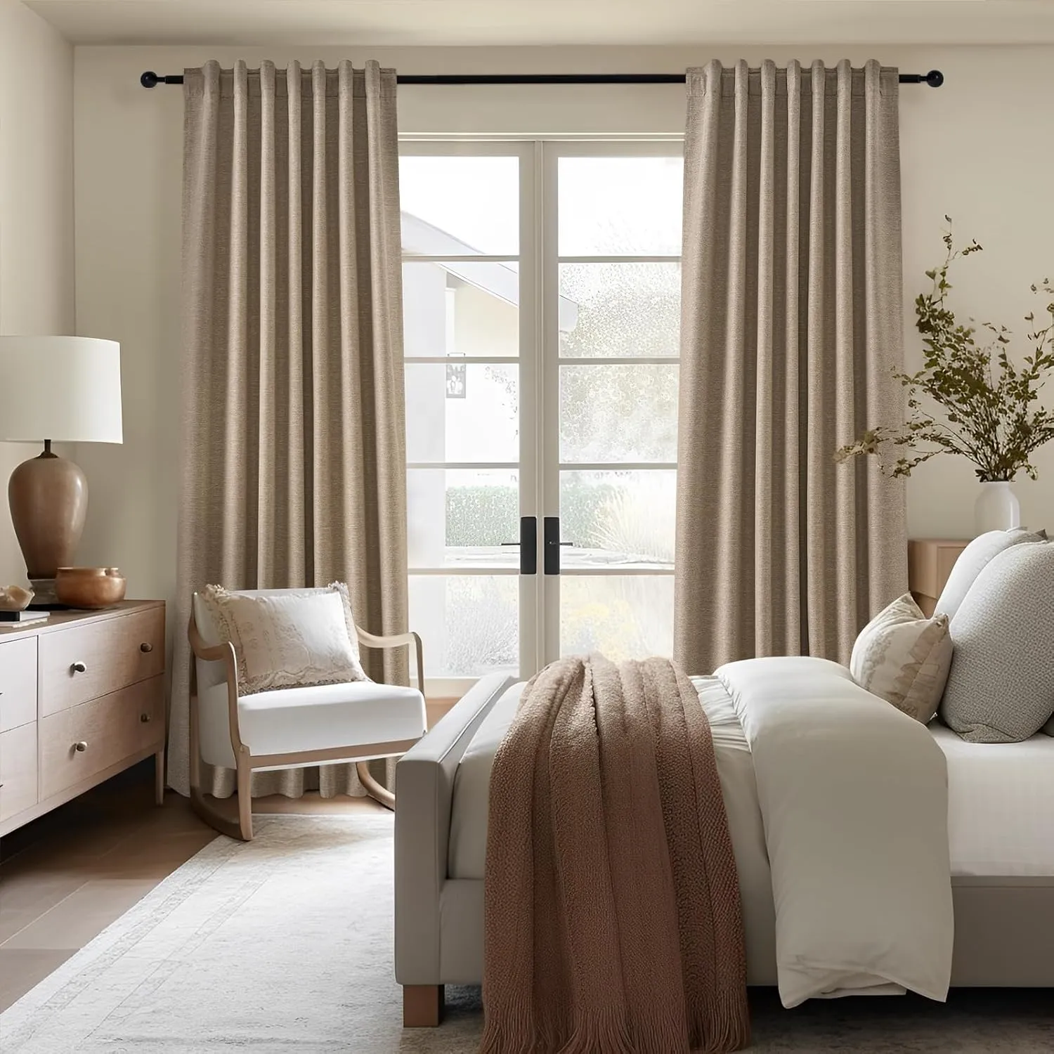 Topfinel 100 Inch Long Black Out Burlap Custom Curtains, Taupe Greige Tweed Pleated Window Coverings, Nursery Winter Boho Farmhouse Heat Sound Block Back Tab Curtains for Sliding Door Bay Window