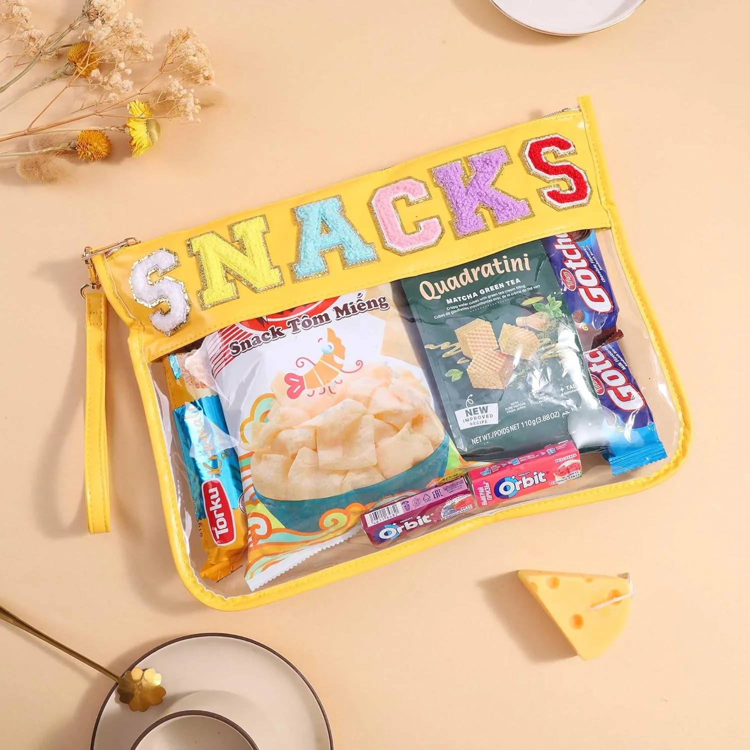 TopTTanBo Chenille Letter Clear Bag Purse Multi-purpose Transparent Waterproof Snacks Makeup Tote Bag with Wrist Strap
