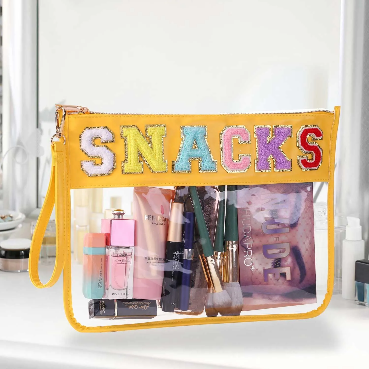 TopTTanBo Chenille Letter Clear Bag Purse Multi-purpose Transparent Waterproof Snacks Makeup Tote Bag with Wrist Strap