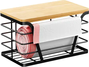 Trash Bag Holder/Dispenser, Garbage Bag Dispenser with Bamboo Top, Wall Mount, Stainless Steel & Bamboo Wood, Black