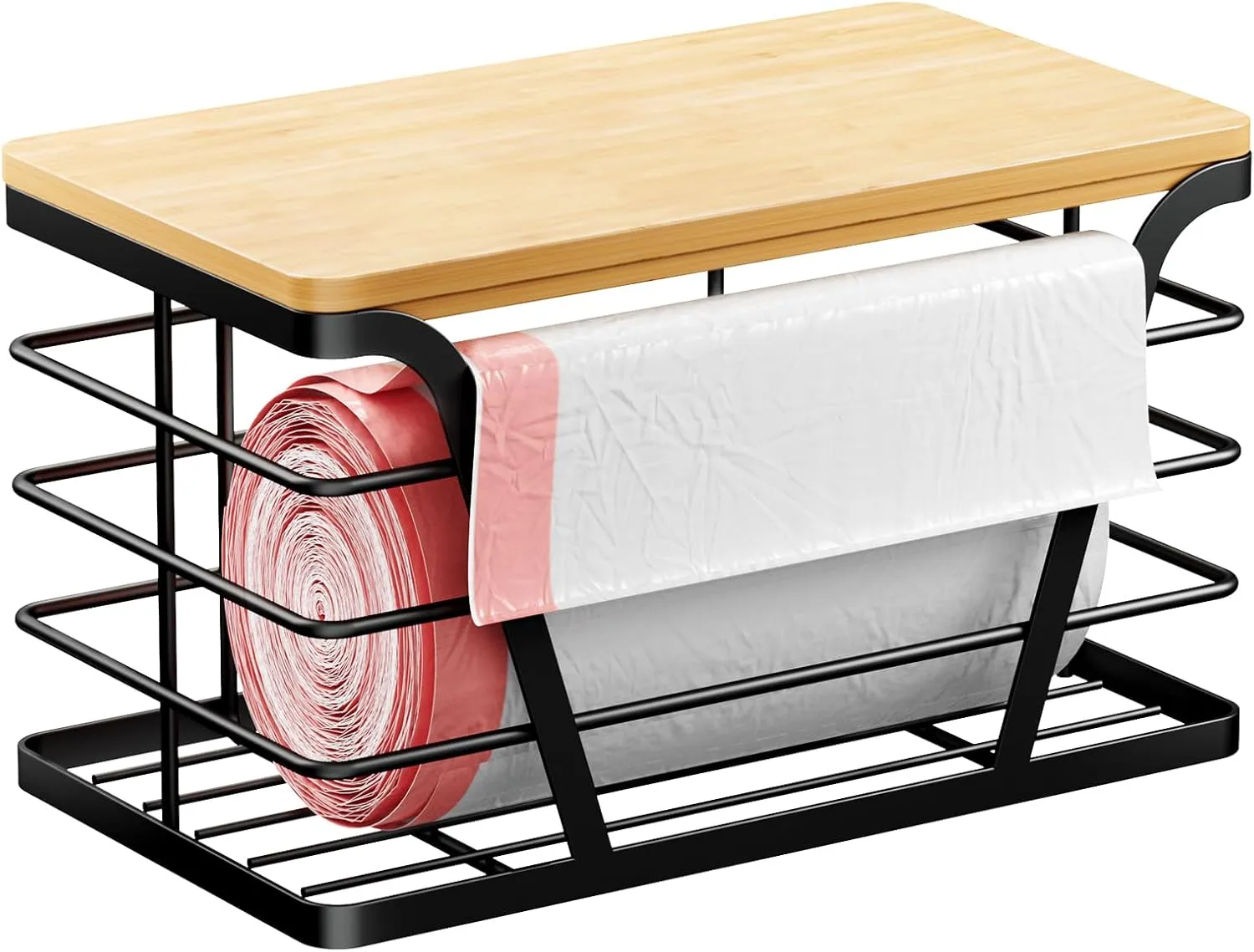 Trash Bag Holder/Dispenser, Garbage Bag Dispenser with Bamboo Top, Wall Mount, Stainless Steel & Bamboo Wood, Black