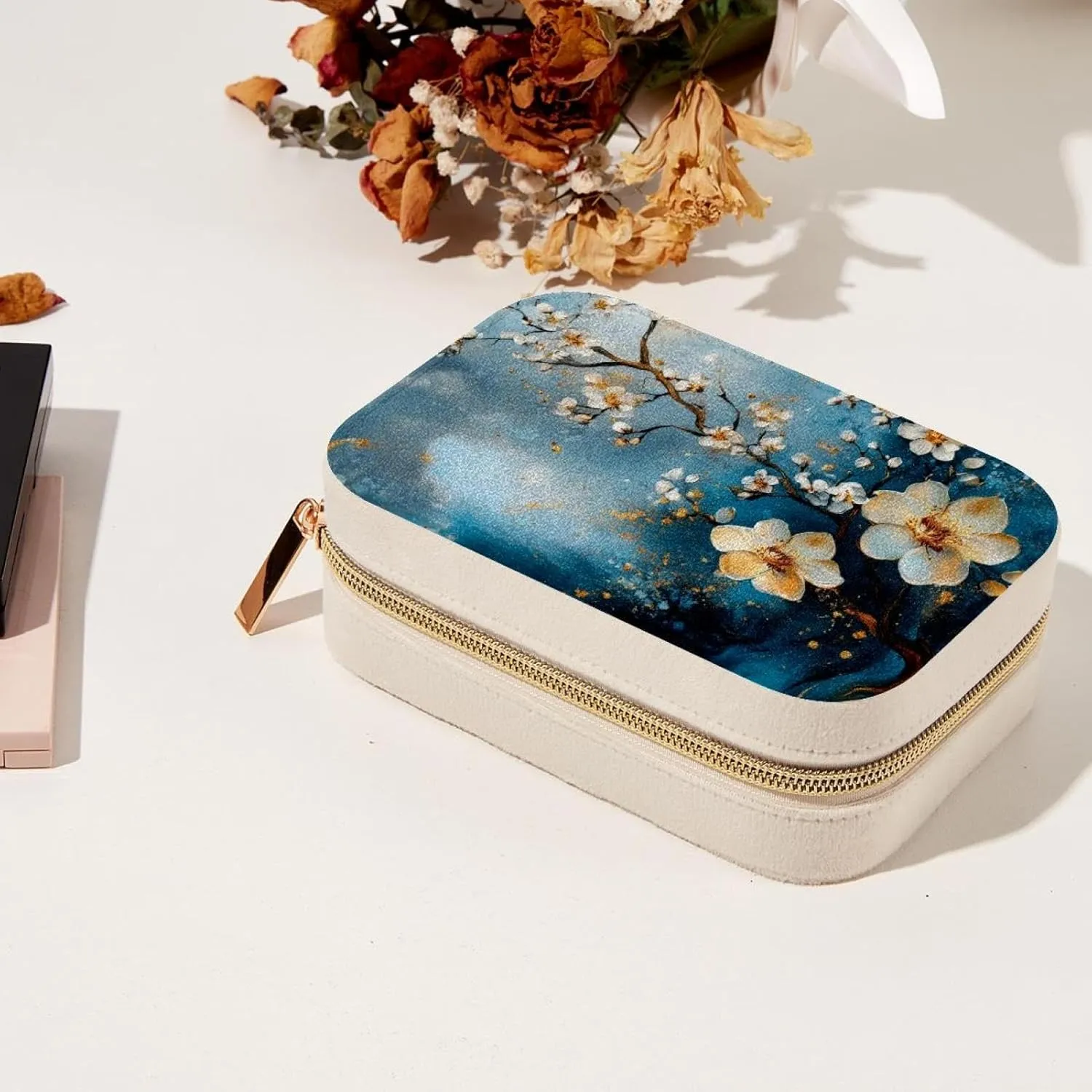 Travel Jewelry Box for Women Girls, Art Abstract Flowers Branches Jewelry Organizer Case for Necklace, Stud Earrings, Ring, Bracelets Storage Boxes