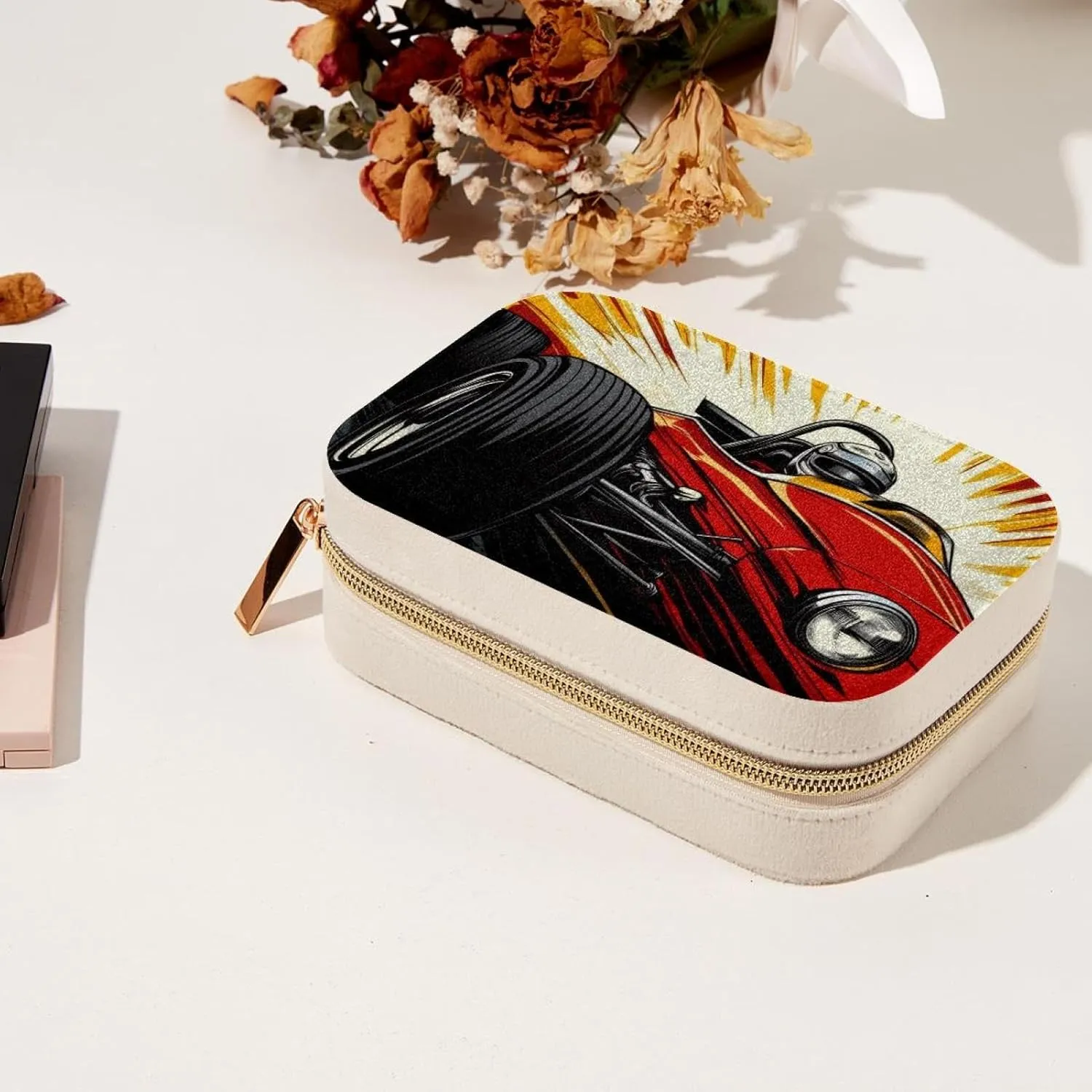 Travel Jewelry Box for Women Girls, Racer Race Car Pattern Jewelry Organizer Case for Necklace, Stud Earrings, Ring, Bracelets Storage Boxes