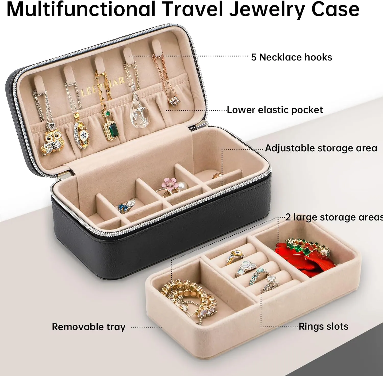 Travel Jewelry Box, PU Leather Small Jewelry Organizer for Women Girls, Mother's Day Gifts,Double Layer Portable Mini Travel Case Display Storage Holder Boxes for Stud Earrings, Rings (Black)