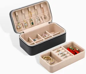 Travel Jewelry Box, PU Leather Small Jewelry Organizer for Women Girls, Mother's Day Gifts,Double Layer Portable Mini Travel Case Display Storage Holder Boxes for Stud Earrings, Rings (Black)