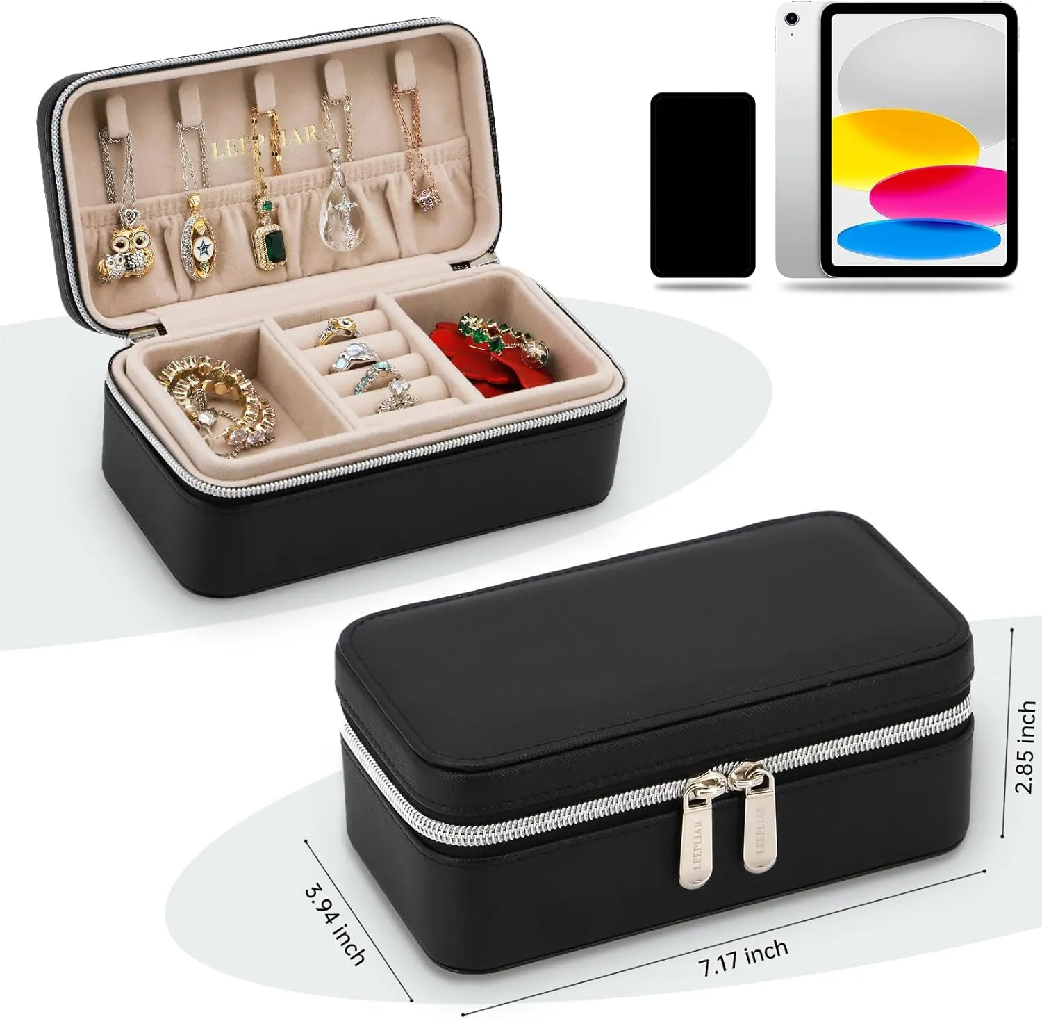 Travel Jewelry Box, PU Leather Small Jewelry Organizer for Women Girls, Mother's Day Gifts,Double Layer Portable Mini Travel Case Display Storage Holder Boxes for Stud Earrings, Rings (Black)