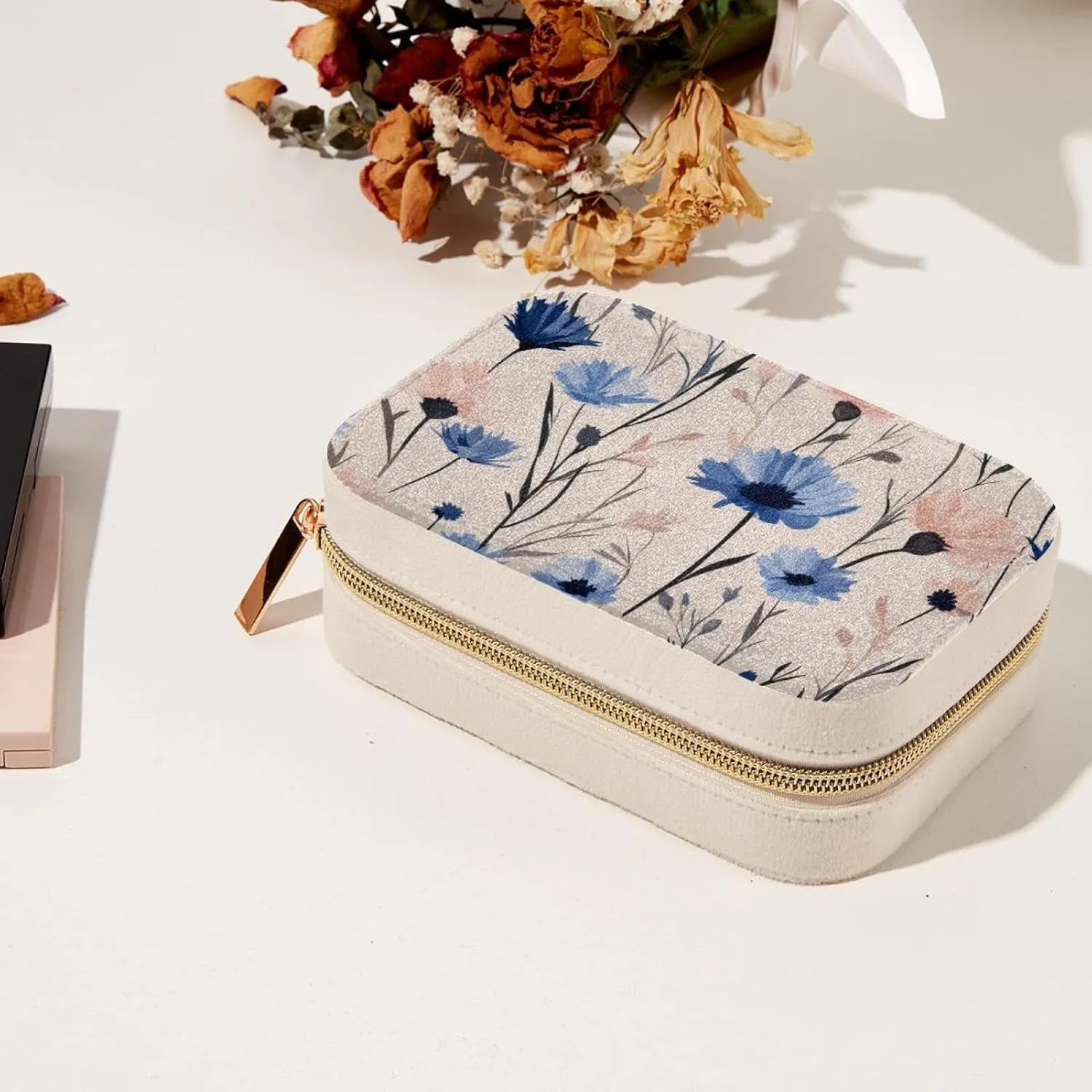 Travel Jewelry Case for Women Girls, 2 Layer Jewelry Organizer Portable Jewelry Storage Display Holder for Necklace Stud Earrings Ring - Cute Natural Cornflowers Field Flowers