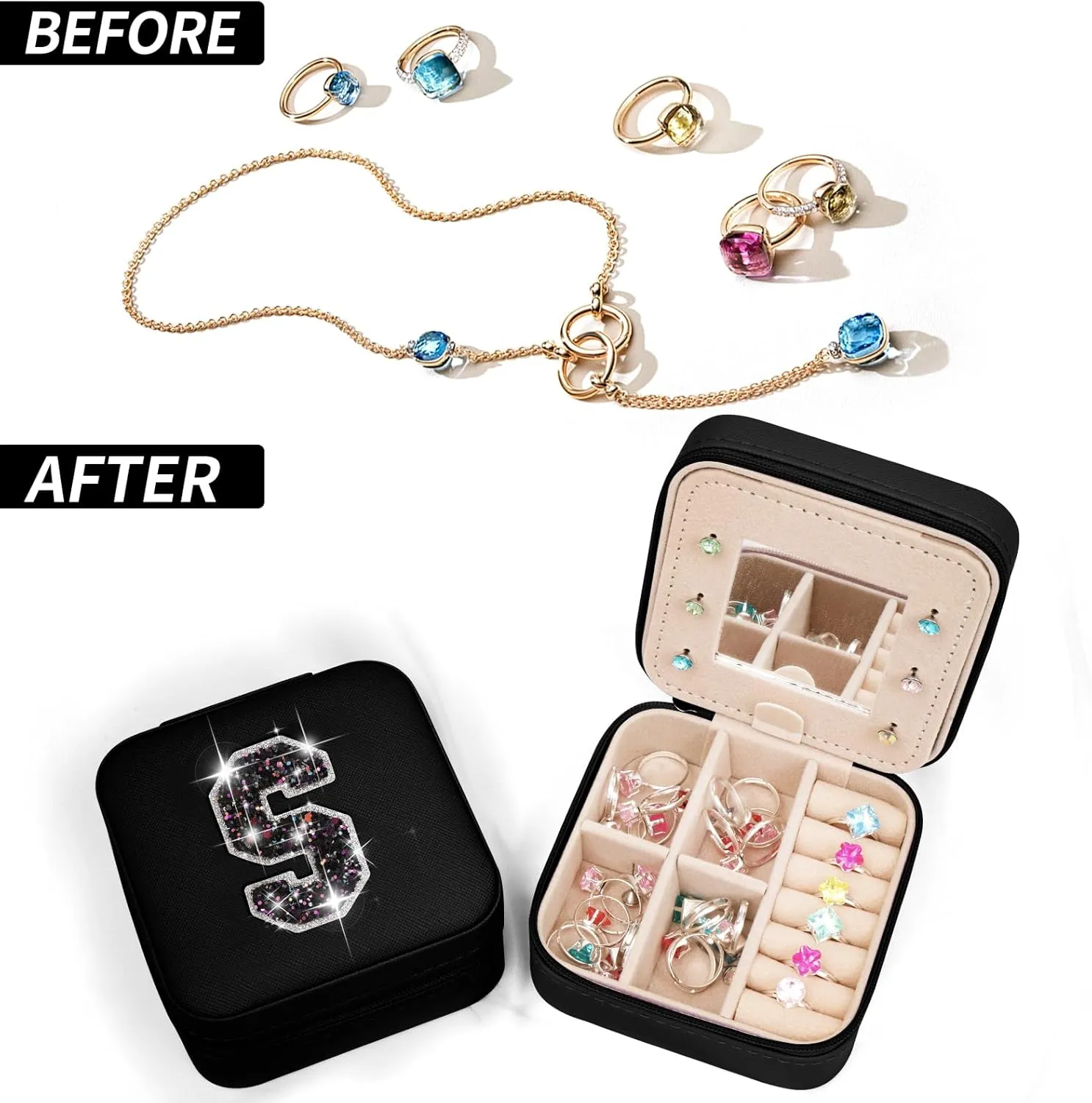 Travel Jewelry Case - Personalized Jewelry Box for Women,Small Jewelry Organizer Cute Jewelry Organizers and Storage Aesthetic,Travel Essentials Birthday Gifts for Girls Women | Black,S
