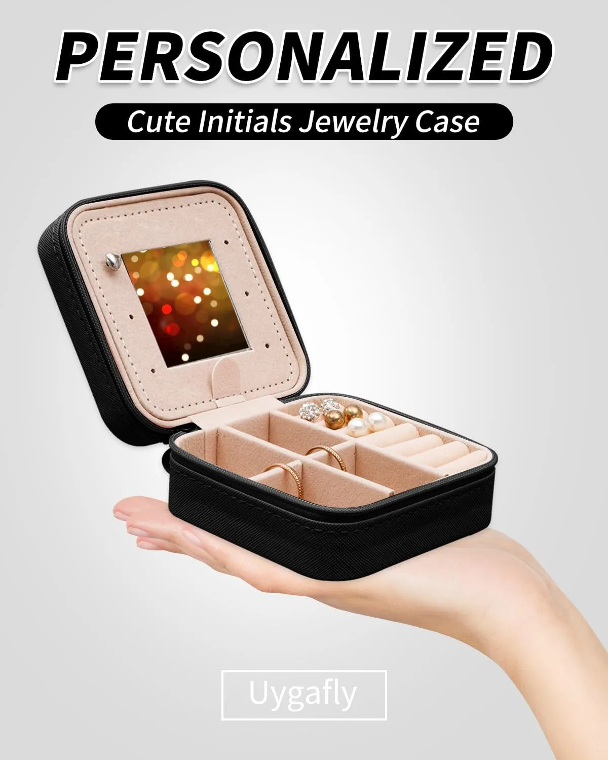 Travel Jewelry Case - Personalized Jewelry Box for Women,Small Jewelry Organizer Cute Jewelry Organizers and Storage Aesthetic,Travel Essentials Birthday Gifts for Girls Women | Black,S