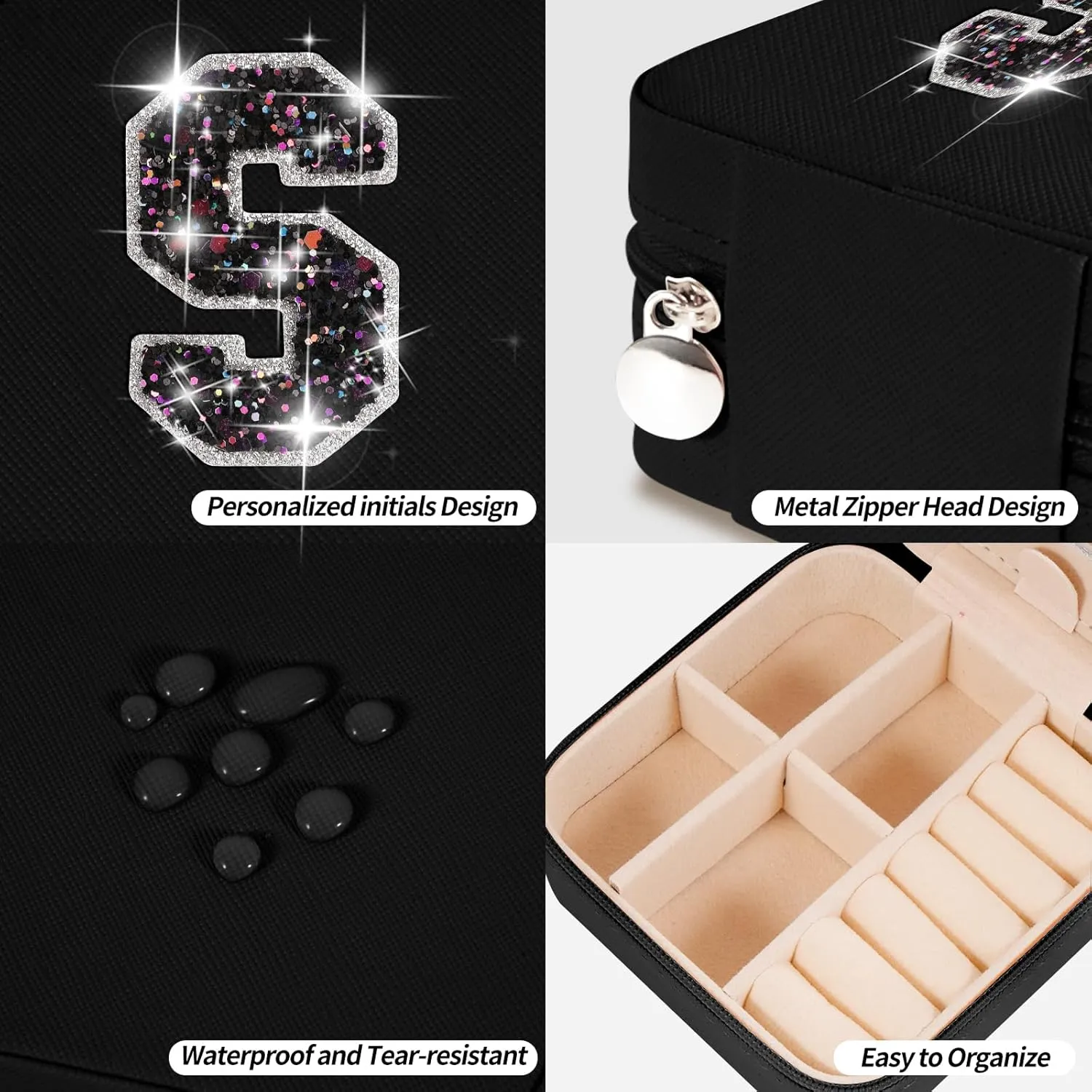 Travel Jewelry Case - Personalized Jewelry Box for Women,Small Jewelry Organizer Cute Jewelry Organizers and Storage Aesthetic,Travel Essentials Birthday Gifts for Girls Women | Black,S