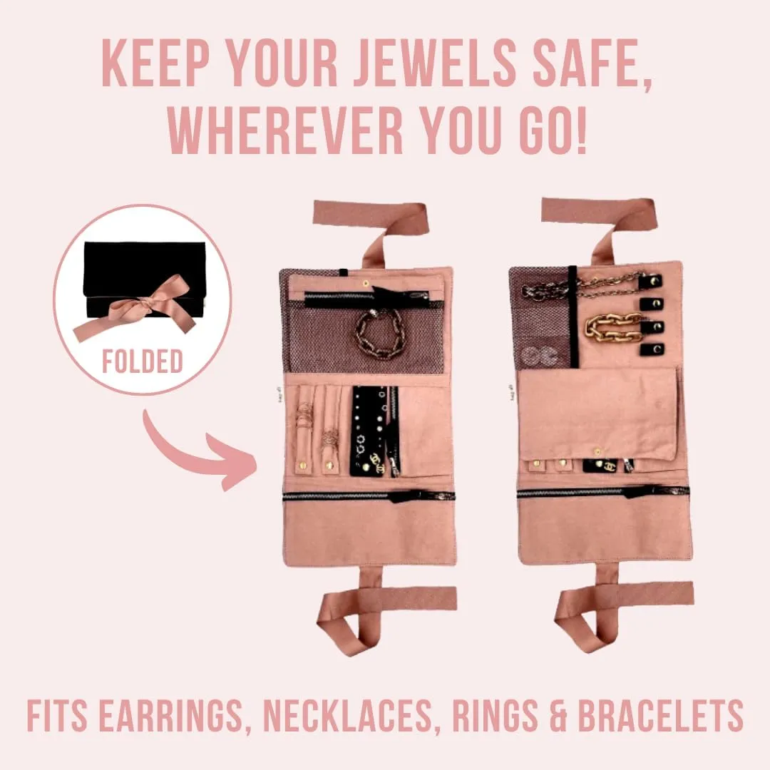 Travel Jewelry Roll | Flat Roll Up Jewelry Organizer Case | Compact Traveling Necklace Organizer | Traveling Pouch for Jewellery | Black