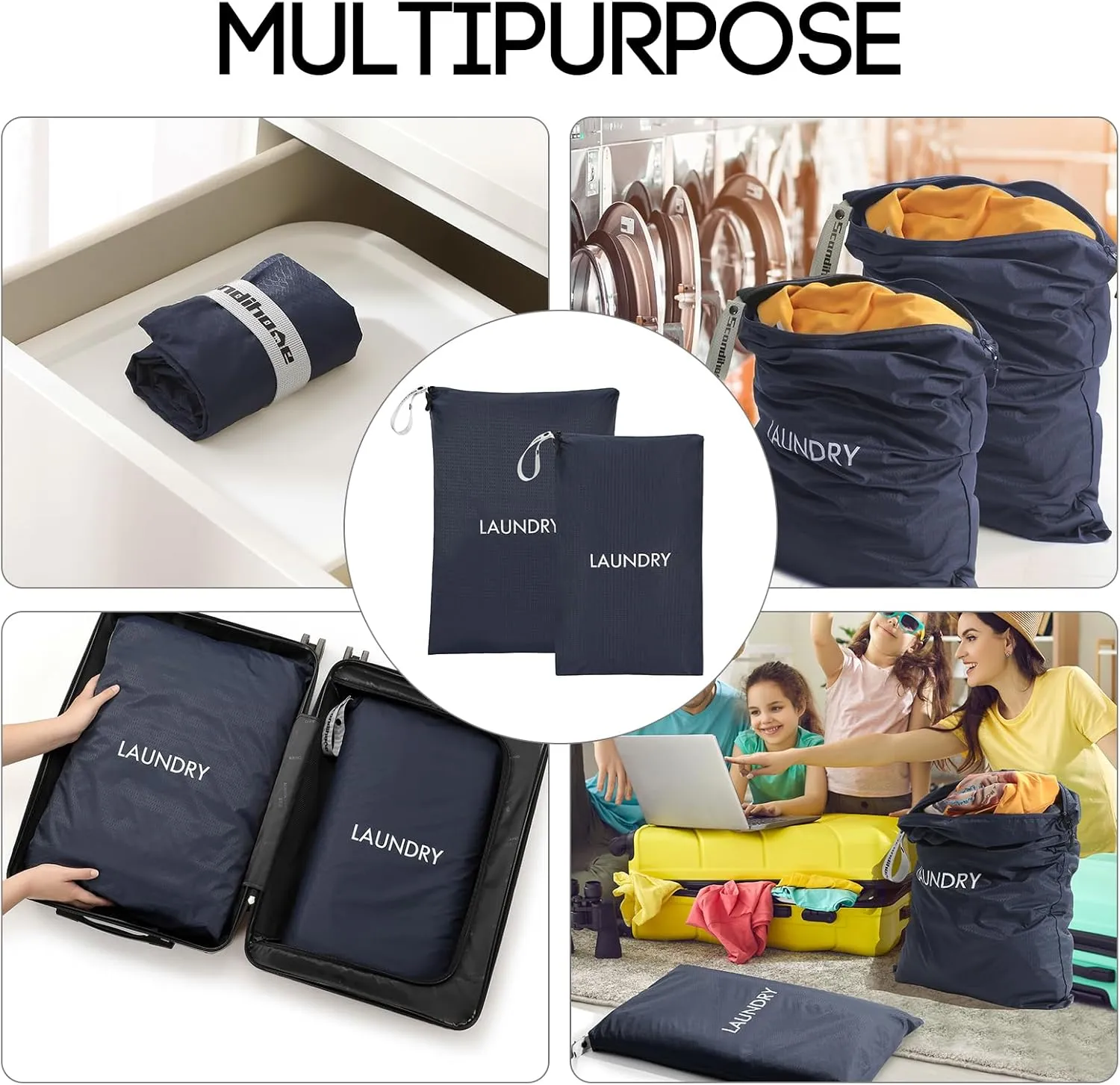 Travel Laundry Bag (2 Pcs - Large   Small) - Foldable Waterproof Washable Wet Dry Bag for Gym, Swimming, Yoga, and Workout Perfect for Dirty Clothes, Bathing Suits, Travel Accessories - Navy Blue