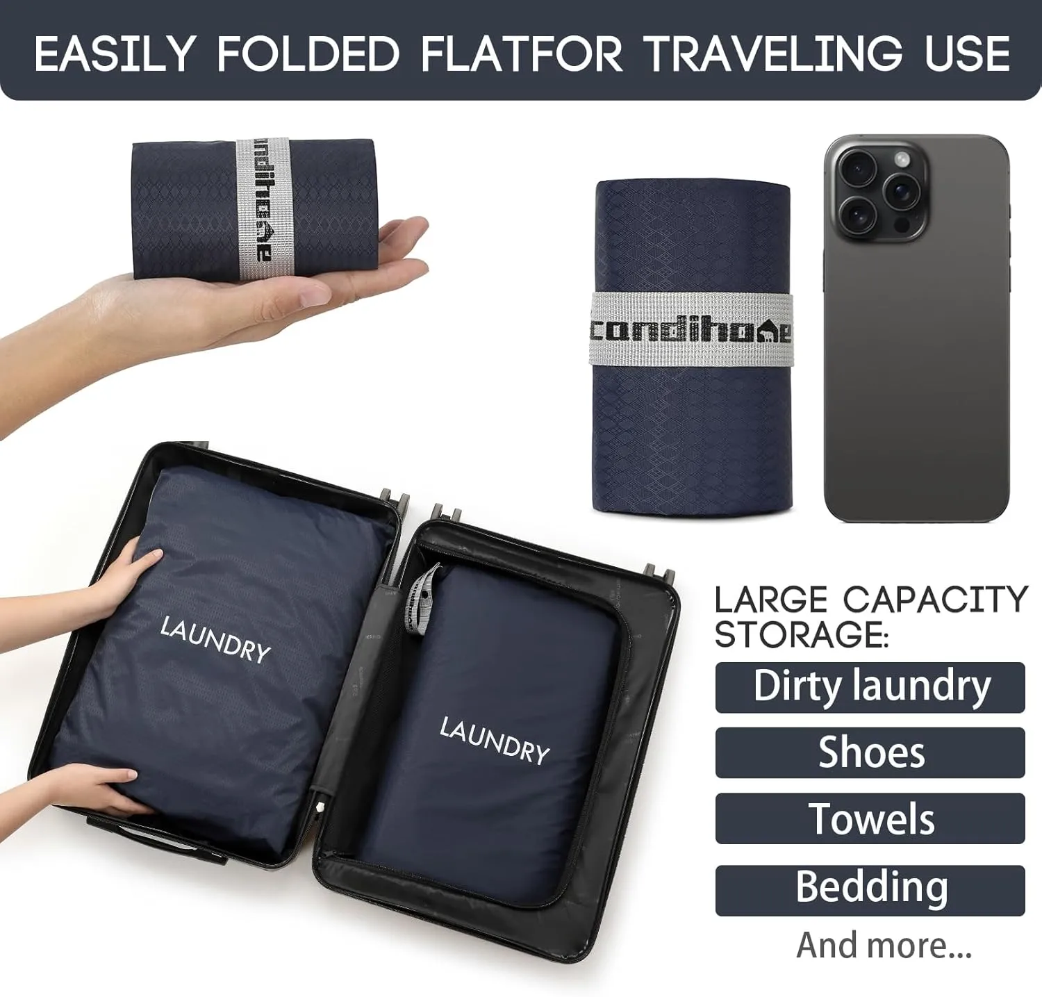 Travel Laundry Bag (2 Pcs - Large   Small) - Foldable Waterproof Washable Wet Dry Bag for Gym, Swimming, Yoga, and Workout Perfect for Dirty Clothes, Bathing Suits, Travel Accessories - Navy Blue