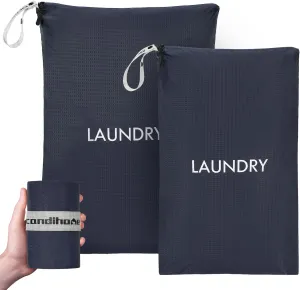 Travel Laundry Bag (2 Pcs - Large   Small) - Foldable Waterproof Washable Wet Dry Bag for Gym, Swimming, Yoga, and Workout Perfect for Dirty Clothes, Bathing Suits, Travel Accessories - Navy Blue