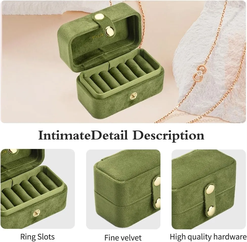 Travel Ring Box, Pocket Size Small Plush Velvet Jewelry Box for Women, Mini Ring Holder and Organizer with 7 slots for purse(Avocado Green)