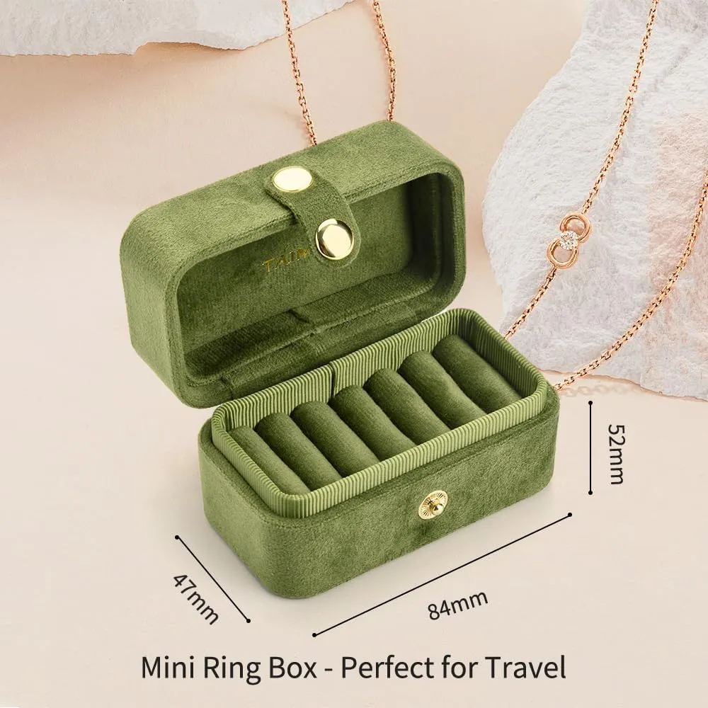 Travel Ring Box, Pocket Size Small Plush Velvet Jewelry Box for Women, Mini Ring Holder and Organizer with 7 slots for purse(Avocado Green)