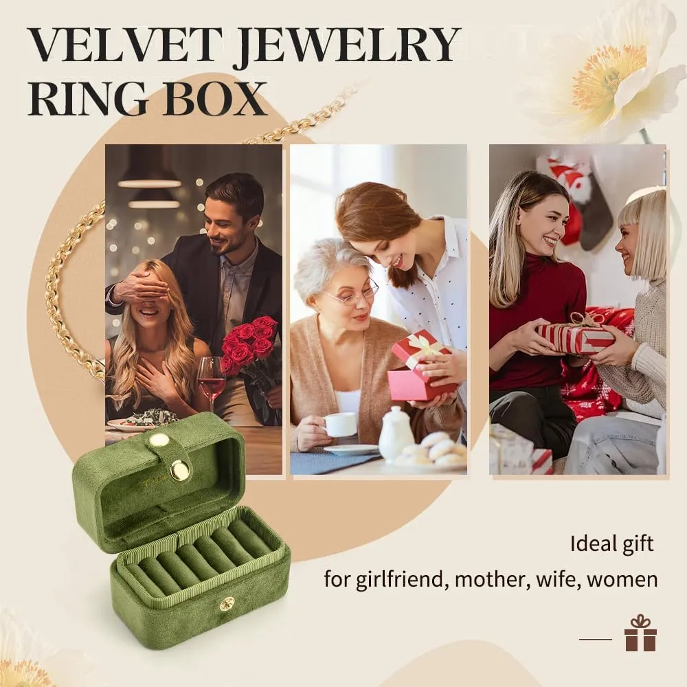 Travel Ring Box, Pocket Size Small Plush Velvet Jewelry Box for Women, Mini Ring Holder and Organizer with 7 slots for purse(Avocado Green)