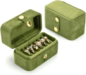 Travel Ring Box, Pocket Size Small Plush Velvet Jewelry Box for Women, Mini Ring Holder and Organizer with 7 slots for purse(Avocado Green)