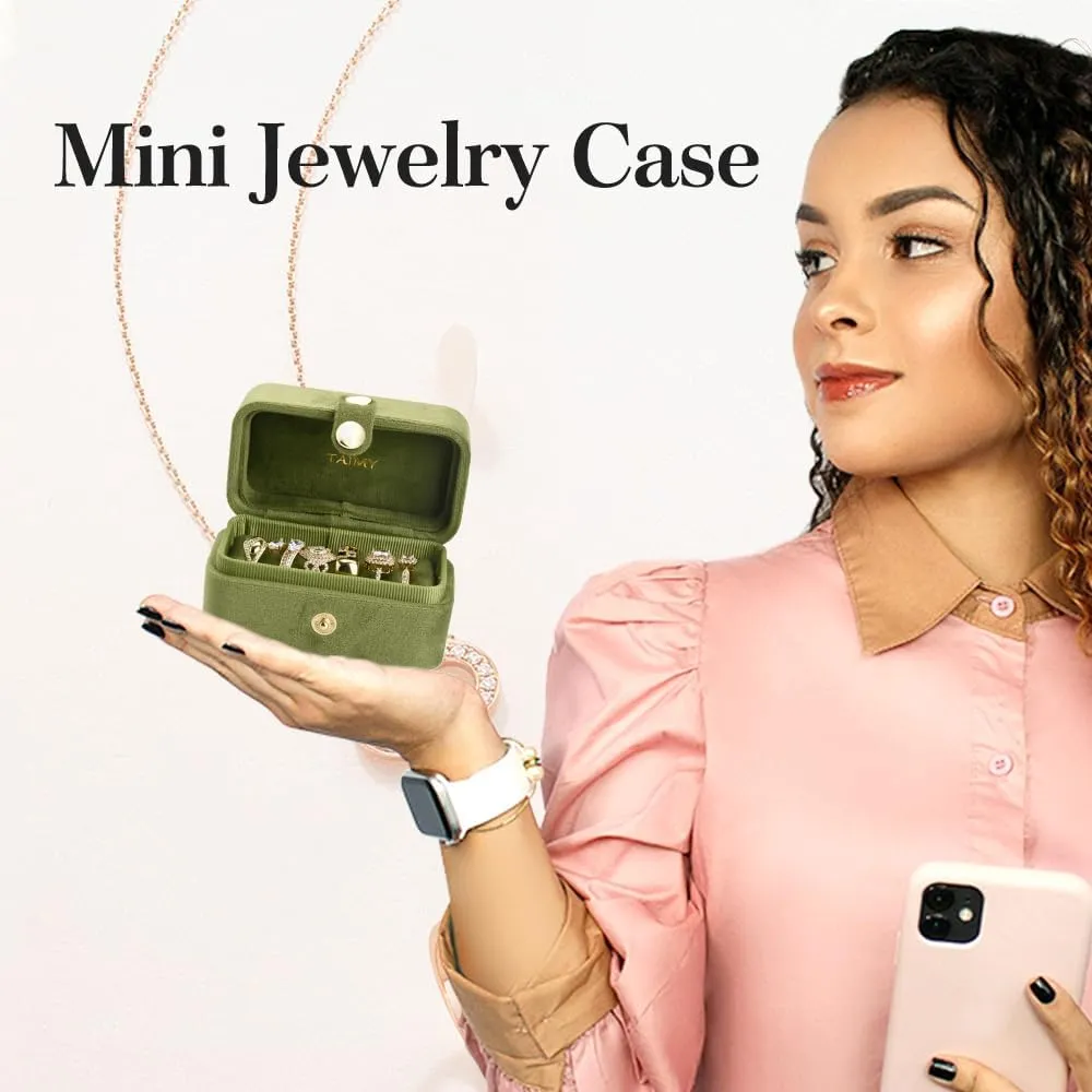 Travel Ring Box, Pocket Size Small Plush Velvet Jewelry Box for Women, Mini Ring Holder and Organizer with 7 slots for purse(Avocado Green)