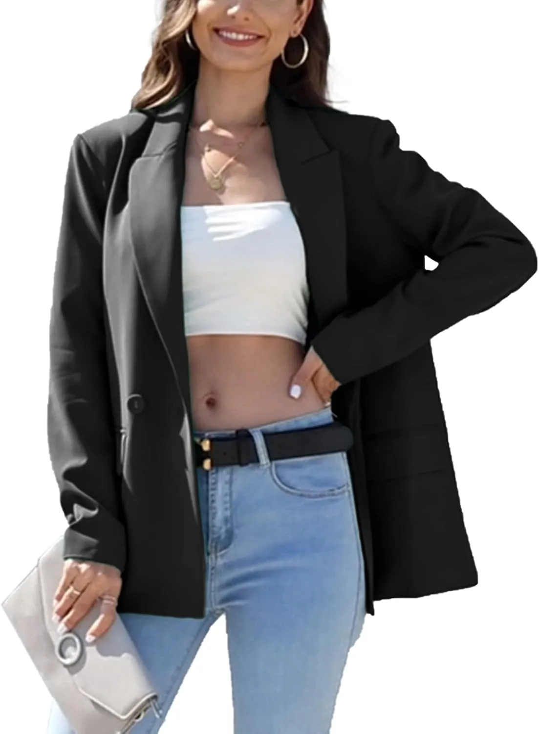 TRNY Women's Oversized Double-Breasted Suit Blazer Jacket Long Sleeve Casual Boyfriend Style Work Office Blazer with Pockets