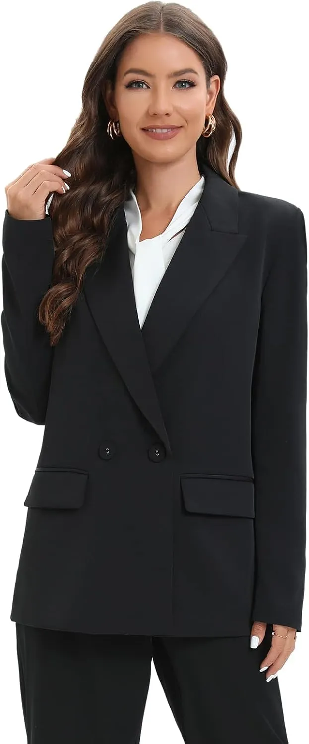 TRNY Women's Oversized Double-Breasted Suit Blazer Jacket Long Sleeve Casual Boyfriend Style Work Office Blazer with Pockets