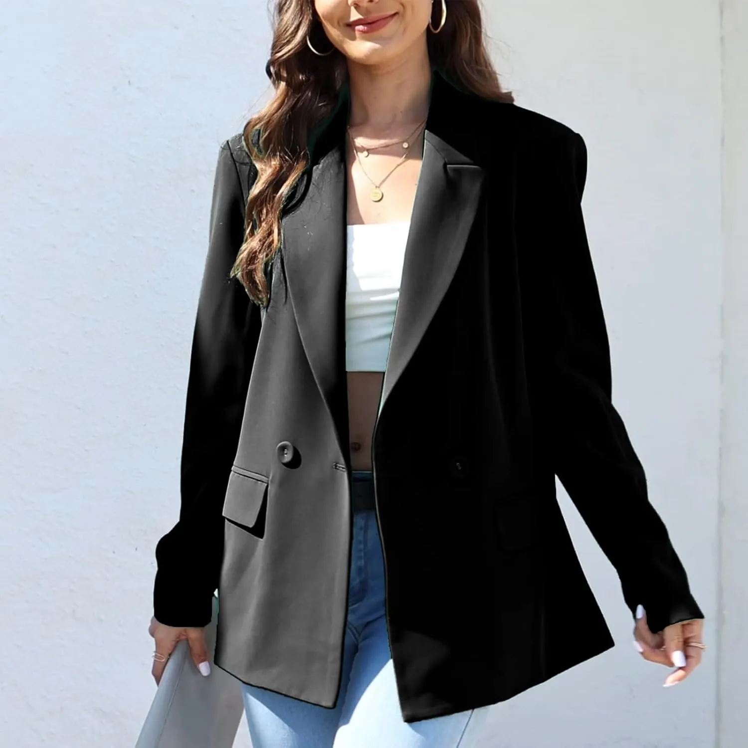 TRNY Women's Oversized Double-Breasted Suit Blazer Jacket Long Sleeve Casual Boyfriend Style Work Office Blazer with Pockets