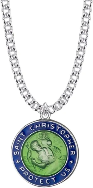 True Faith Jewelry Sterling Silver Saint Christopher Medal Patron Saint Pendant Necklace Blue and Green Enameled Religious Jewelry, 7/8 Inch